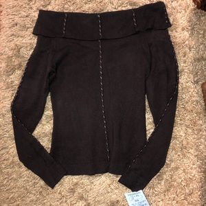 Brown fold off shoulder top leather accent